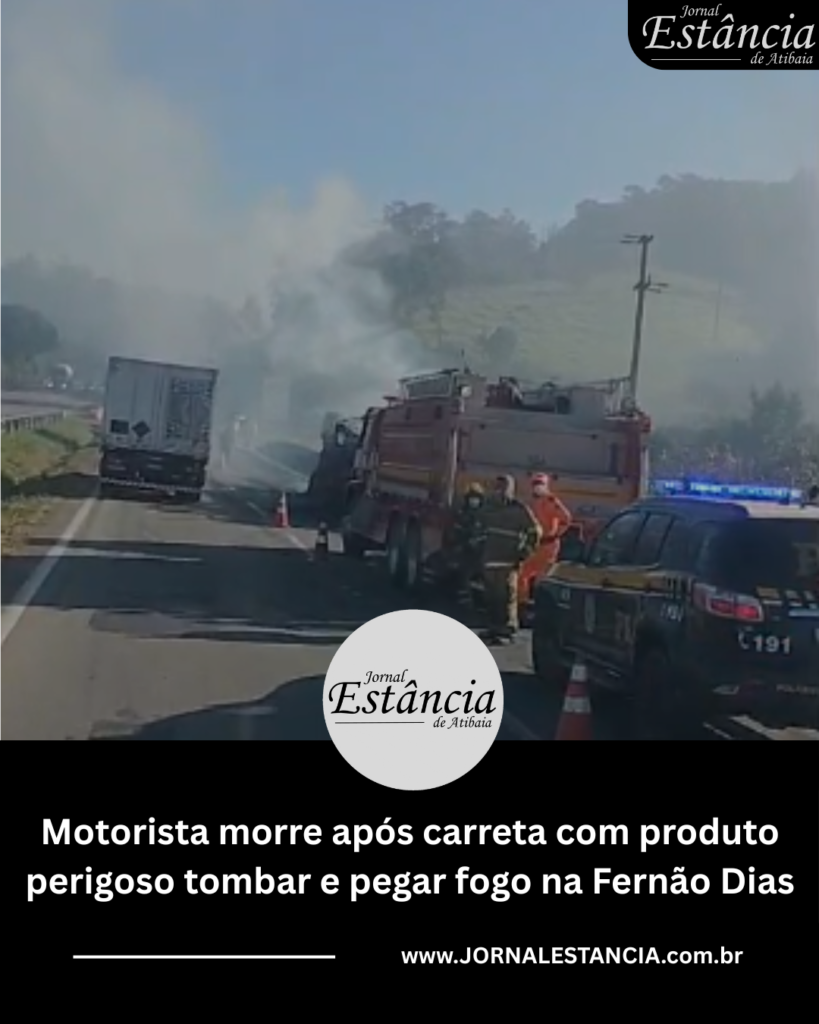 Motorista morre após carreta com produto perigoso tombar e pegar fogo