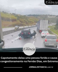 Capotamento deixa uma pessoa ferida e causa congestionamento na Fernão Dias, em Extrema