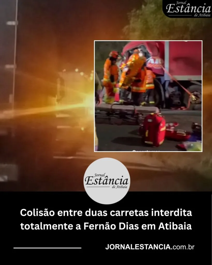 Colisão entre duas carretas interdita totalmente a Fernão Dias em Atibaia