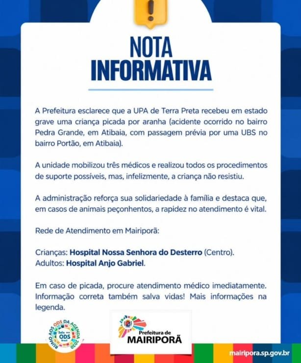 Prefeitura de Mairiporã, o bebê chegou à UPA de Terra Preta em estado grave